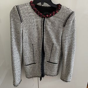 Zara Women’s Red Beaded Tweed Black & White Blazer, Size Small